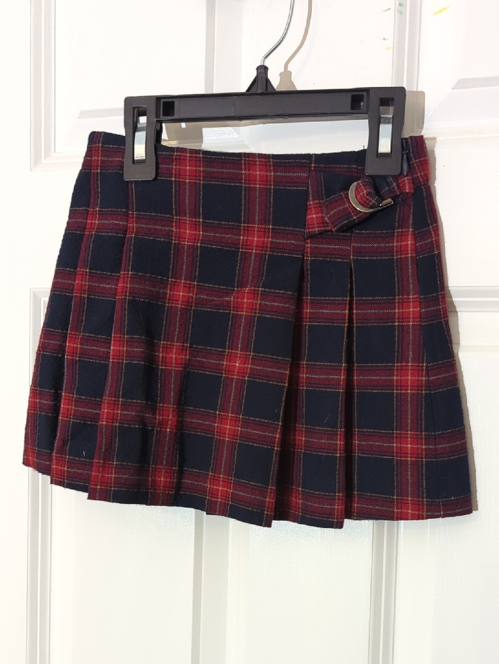 Zara Girls Navy and Red Plaid Pleated Mini Skirt with Buckle